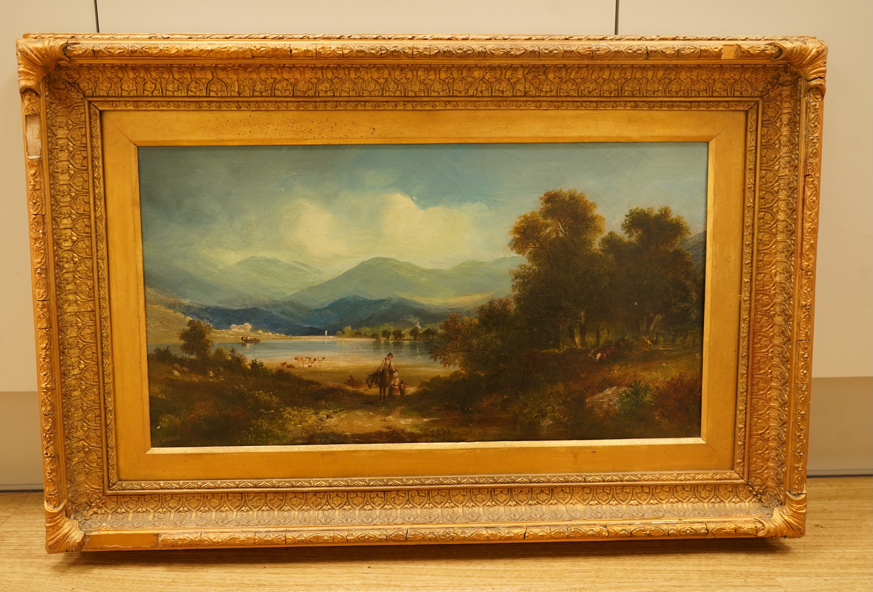 W. Wall, Lakeside mountainous landscape, signed, oil on canvas, 29 x 54cm, ornate gilt frame